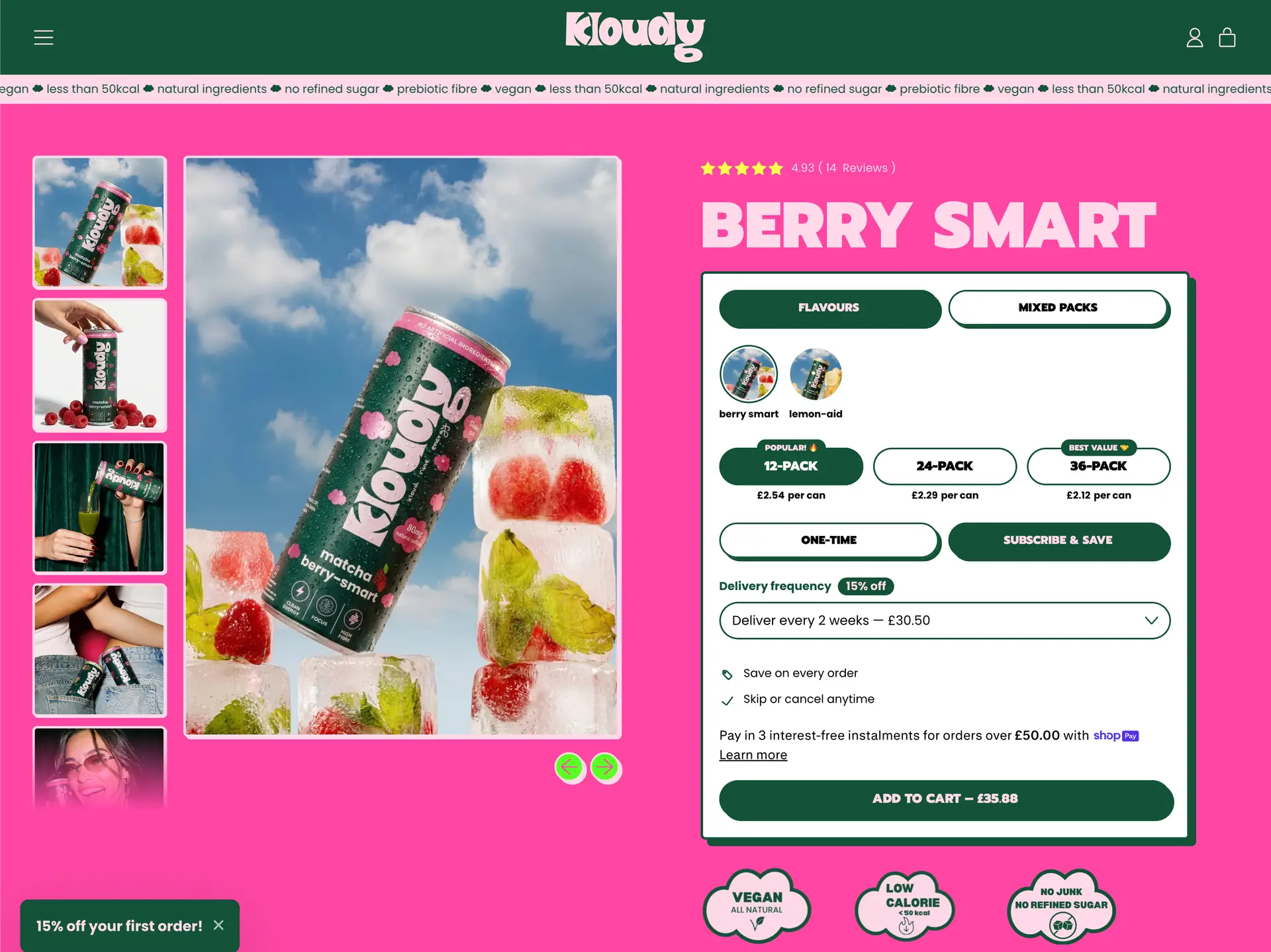 Kloudy Matcha product page with reviews and pack pricing ~ oContis Studio