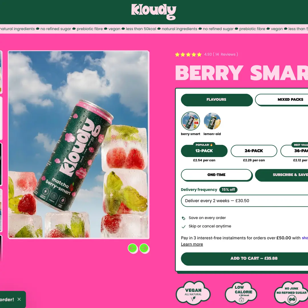 Kloudy Matcha product page with reviews and pack pricing ~ oContis Studio